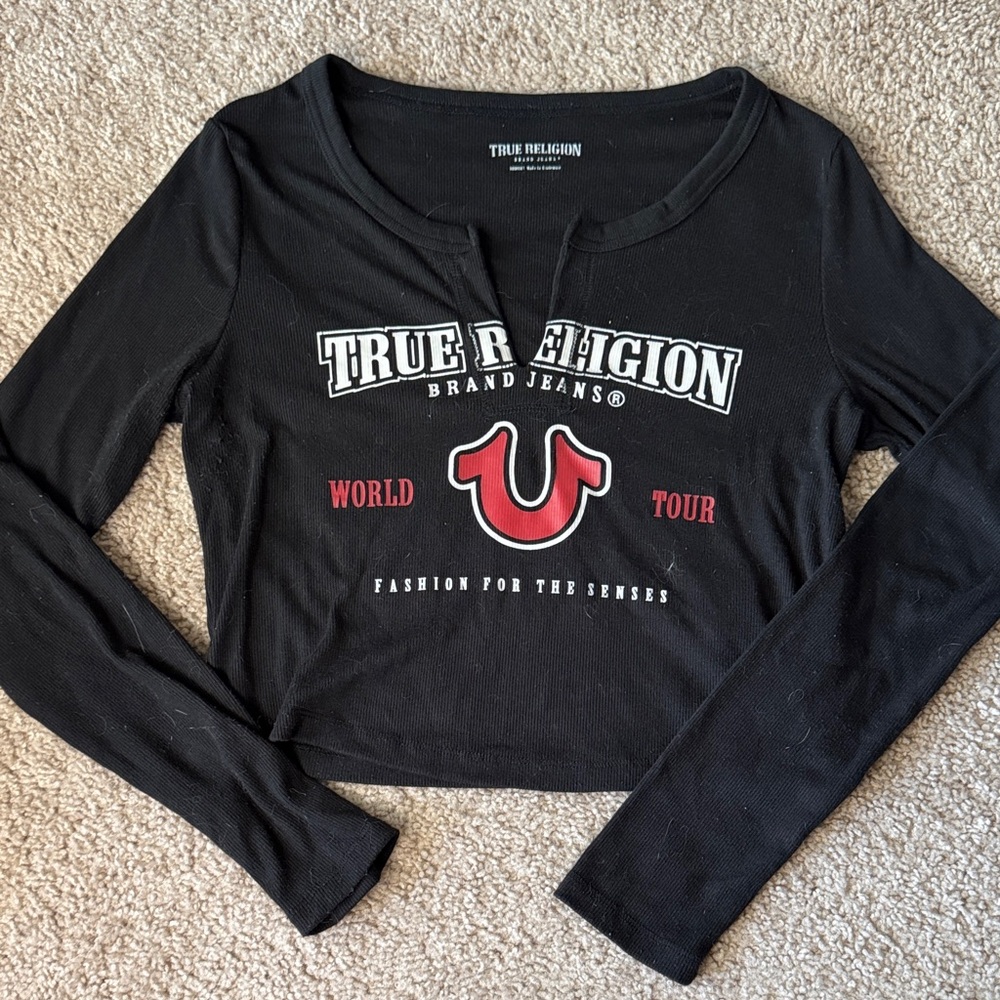 True Religion Black Long Sleeve Crop Top with Red Logo Accent